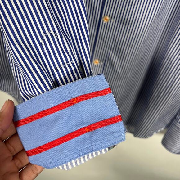 Robert Graham X Men's Button Up Shirt 2XL White Blue Stripe Flip Cuff Tartan - Picture 6 of 10